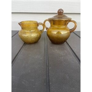 Vintage Amber Bubble Glass Creamer and Lidded Sugar Bowl Set Hand Blown Seeded